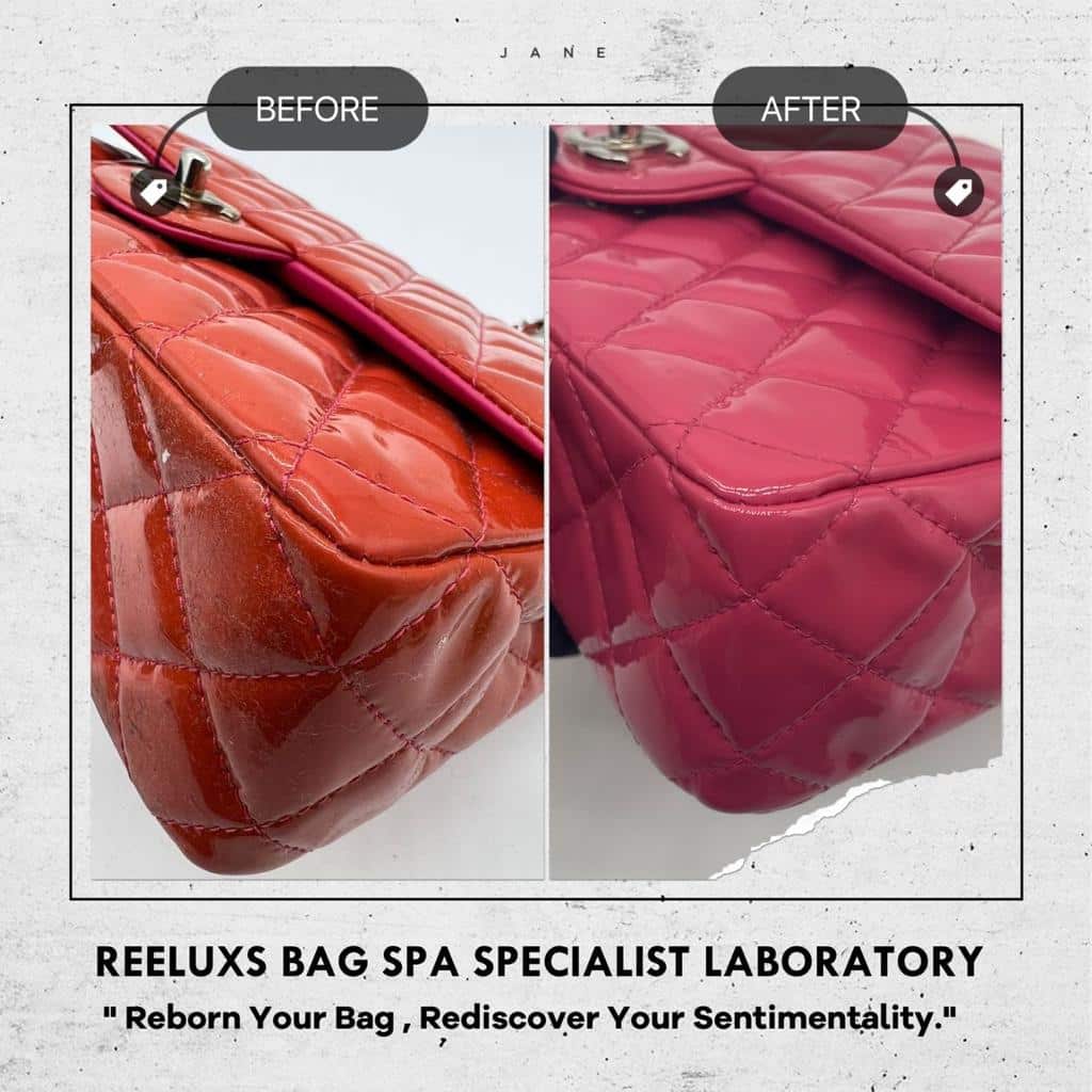 Chanel Patent Classic Flap Leather OxidationPEACH PINK RESTORATION -  Reeluxs Bag Spa Specialist Singapore