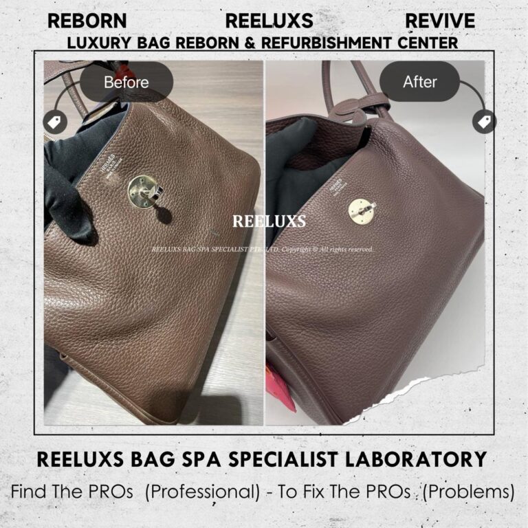 Hermès LINDY ETOUPE / DARK BROWN COLOR CLEMENCE LEATHER BAG LEATHER SCEATCHES DEEP PUNCTURE ON LEATHER OIL EDGED DAMAGED SCRATCHES COLOR OIL EDGE RESTORATION