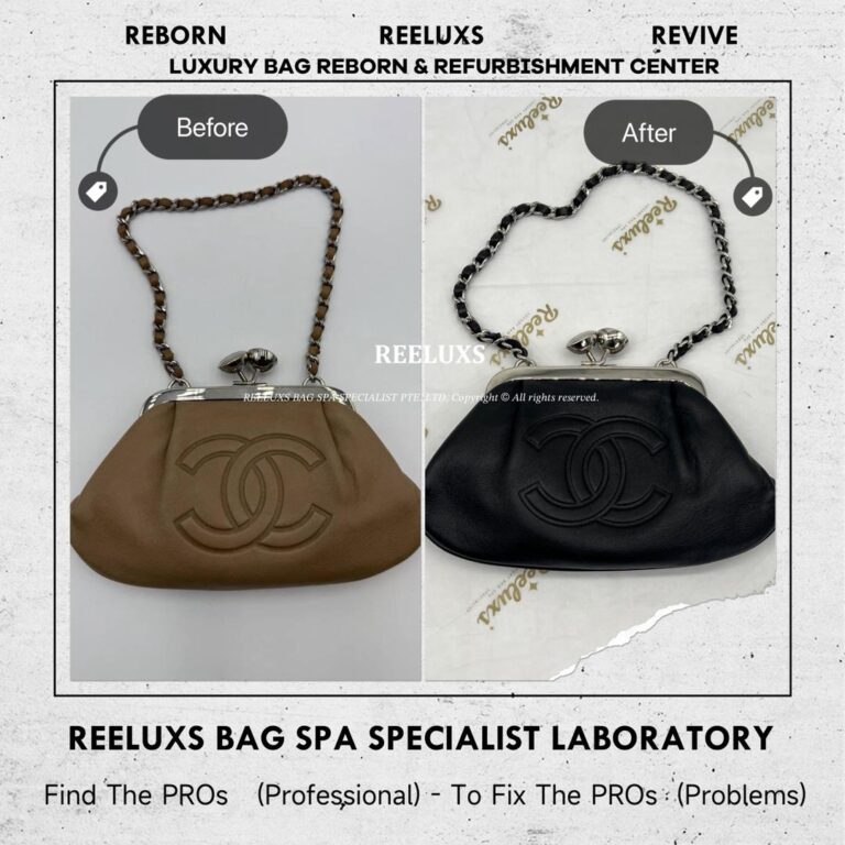 Chanel CC LOGO CHAIN CLUTCH BAG IN BROWN LAMBSKIN LEATHER COLOR RESTORATION TO BLACK