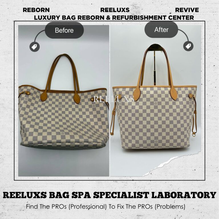 Louis Vuitton DAMIER AZUR CANVAS NEVERFULL TOTE BAG WITH VACHETTA LEATHER OXIDATION REFURBISHMENT
