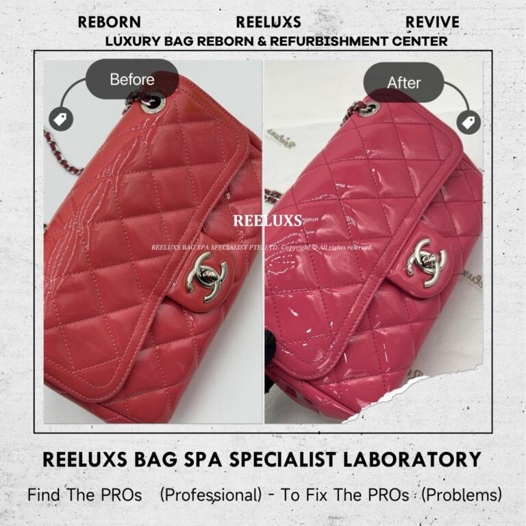 Chanel PINK PATENT LEATHER CLASSIC FLAP BAG PATENT COLOR OXIDATION PATENT COLOR RESTORATION