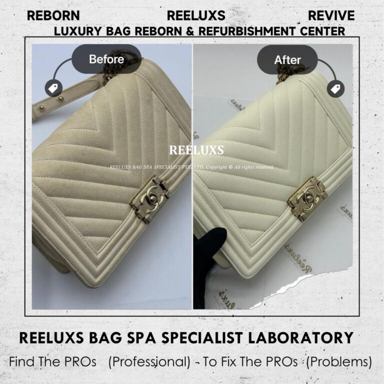 Chanel WHITE CAVIAR LEATHER BOY CHANEL FLAP BAG YELLOWISH STAINS DISCOLOURATION STAINS REMOVAL AND COLOR RESTORATION