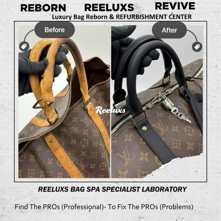 Louis Vuitton KEEPALL MONOGRAM CANVAS WITH VACHETTA LEATHER DAMAGE REFURBUSHIMENT CHANGED TO BLACK LEATHER WITH PLATINUM PLATING