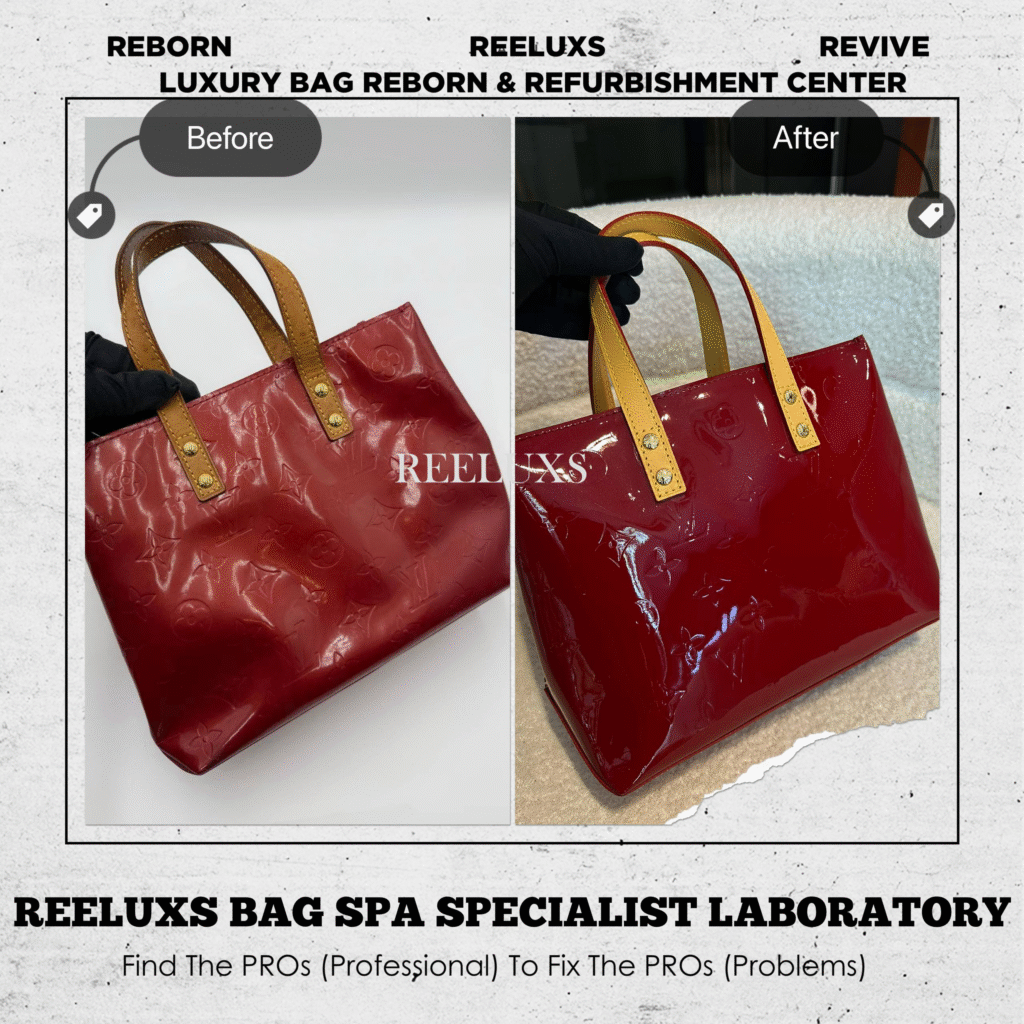 VERNIS PATENT LEATHER RED WITH VACHETTA LEATHER HANDLE OXIDATION DAMAGE — frame 1