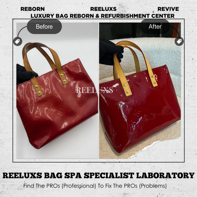 Louis Vuitton VERNIS PATENT LEATHER RED WITH VACHETTA LEATHER HANDLE OXIDATION DAMAGE REFURBISHMENT
