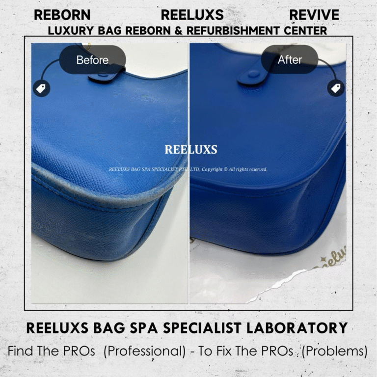 Hermès EVELYNE BAG BLUE CLEMENCE LEATHER SCRATCHES COLOR PEELING SCRATCHES RESTORATION AND COLOR RESTORATION