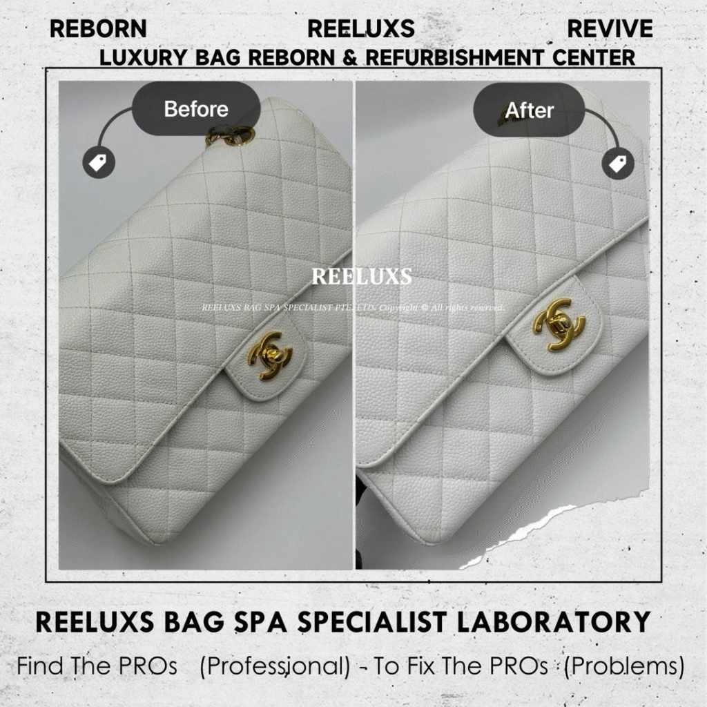 WHITE CAVIAR LEATHER CLASSIC DOUBLE FLAP BAG COLOR FADED PEELING — frame 1