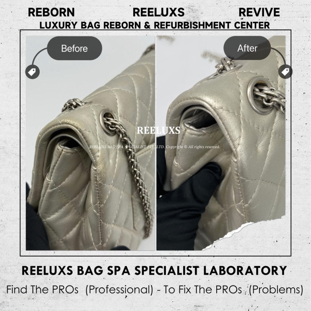 SILVER METALLIC LEATHER 2.55 REISSUE FLAP BAG CORNER PEELING LEATHER SCRATCHES METALLIC — frame 2