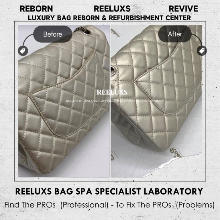 Chanel SILVER METALLIC LEATHER 2.55 REISSUE FLAP BAG CORNER PEELING LEATHER SCRATCHES METALLIC COLOR RESTORATION