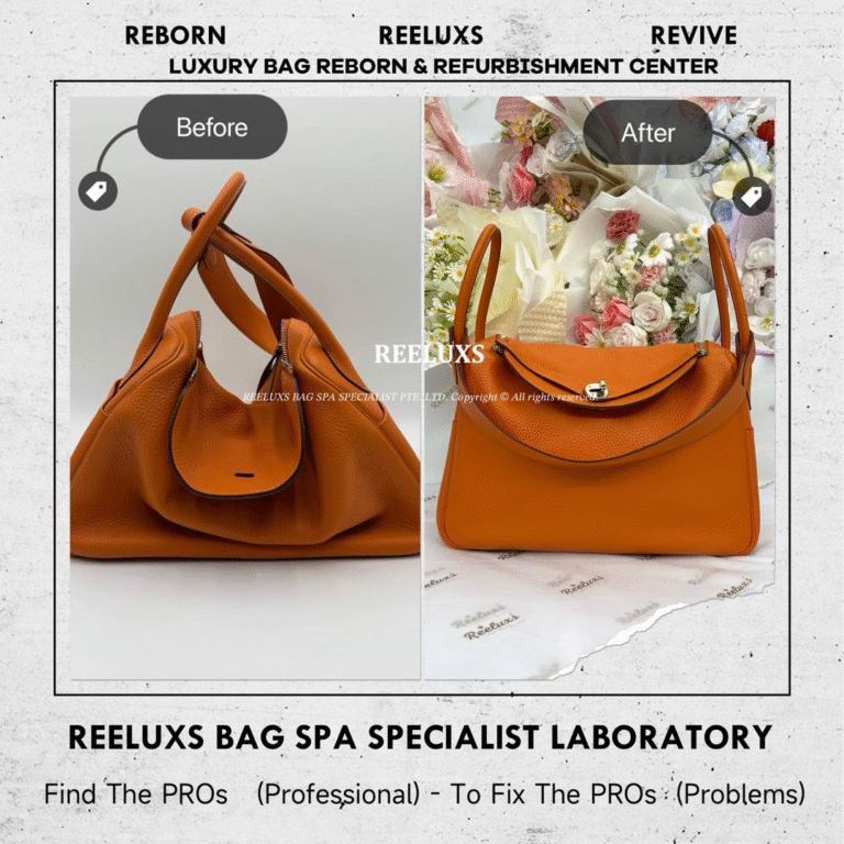 Hermès LINDY ORANGE CLEMENCE LEATHER BAG WHITE STAIN MARKS CORNER PEEL OFF PEELING RESTORATION COLOR RESTORATION