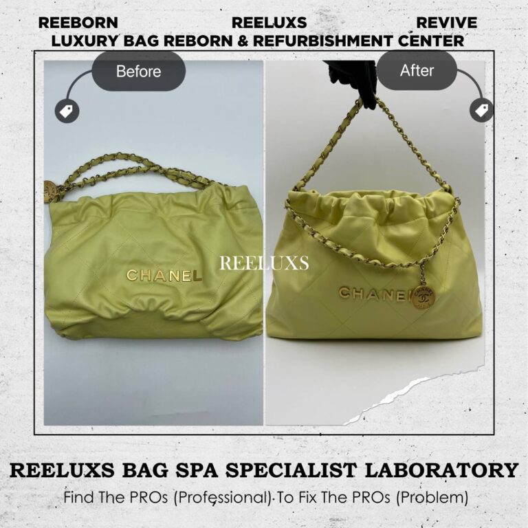 Chanel 22 LARGE HANDBAG SHINY CALFSKIN LEATHER LIGHT YELLOW BAG CHEMICAL DAMAGE REFURBISHMENT