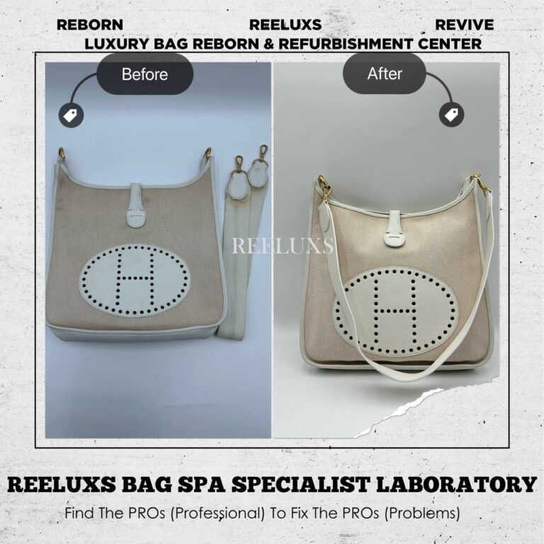 Hermès ÉVELYNE TPM WHITE CLEMENCE LEATHER BAG BLACK MARK STAINS FABRIC STRAP TEAR OFF STAINS REMOVAL TREATMENT LEATHER STRAP REPLACEMENT