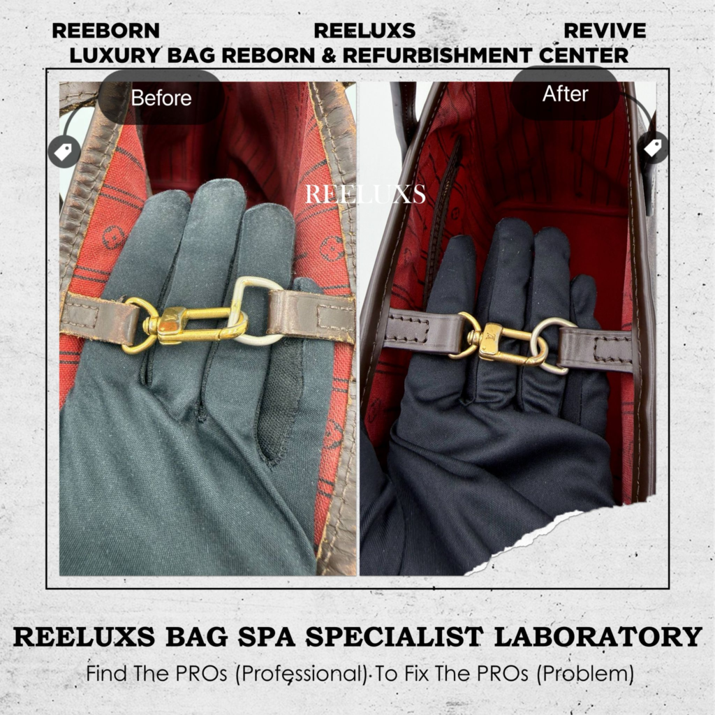 Neverfull Totebag with Brown Leather Peeling Oxidation Drawstrings Broken Brown Leather Replacement — frame 2