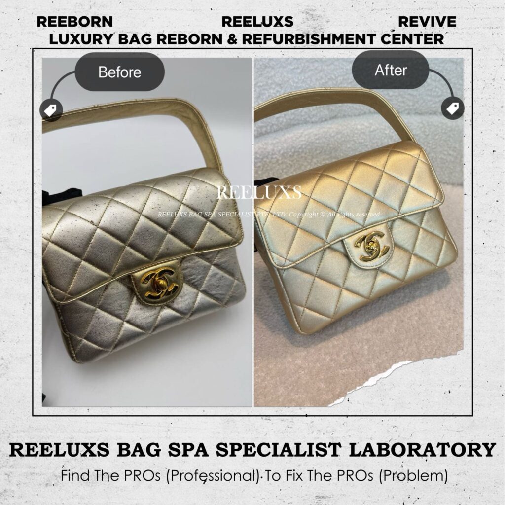 Metallic Gold Lambskin Top Handle Flap Handbag Mold Spot Oxidation Color Faded… — frame 1