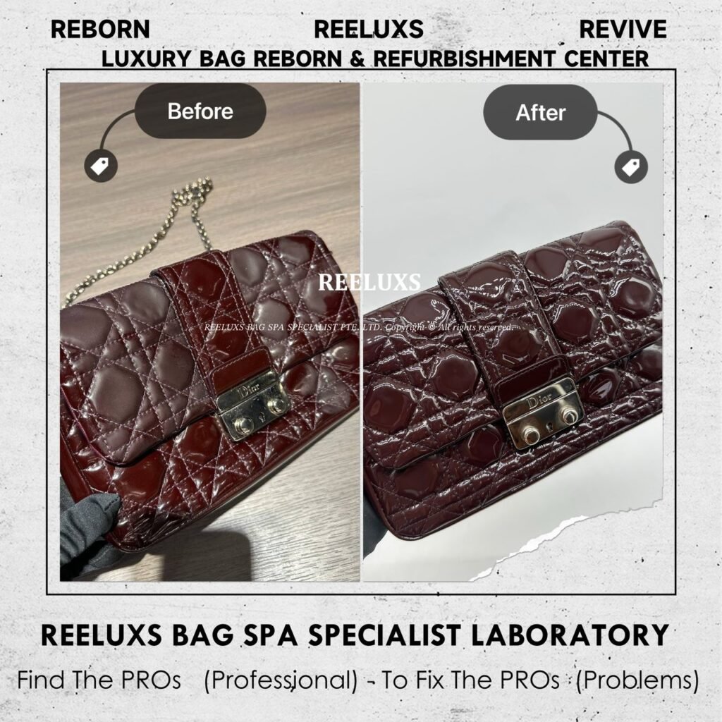 Burgundy Christian Dior Cannage Pouch Patent Leather White Patches Oxidation Interior Color… — frame 1