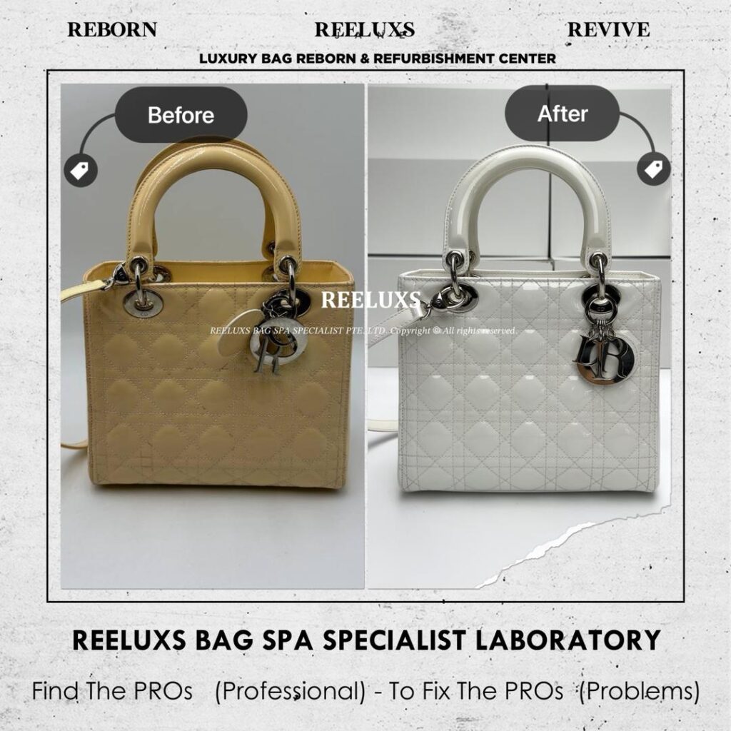 Christian Dior Lady Dior White Patent Leather Oxidation Damage Color Reurbishment — frame 1