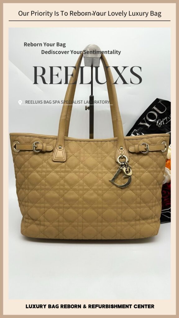 Beige Christian Dior Cannage Panarea Tote Bag Peeling Canvas Sticky Leather Scratches — frame 2