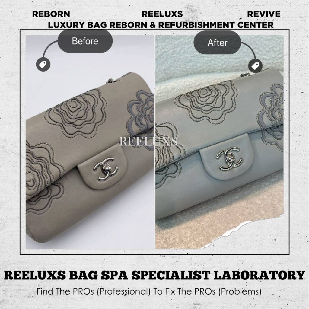 Camellia Follies Flap Grey Lambskin Bag Uneven Color Tone Yellowish Stains Mold… — frame 1